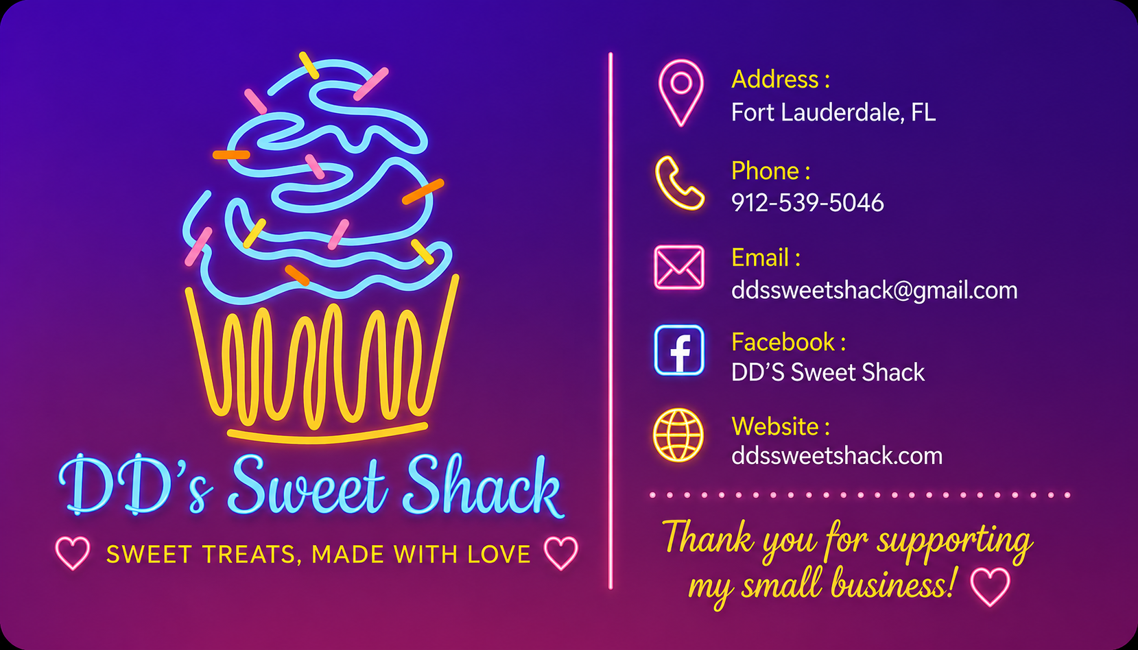 DD's Sweet Shack business card with contact details